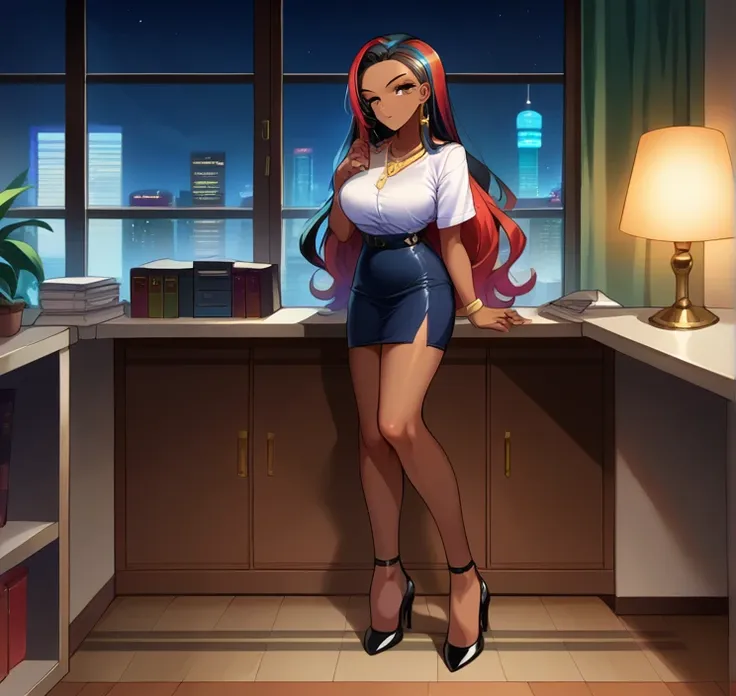 score_9, score_8_up,score_7_up, source_anime, 1girl, solo, EPpkNessa, gold eyes, black hair, red hair, streaked hair,, dark skin, dark-skinned female, necklace, ear piercing,bottonup shirt,high-waist skirt,pantyhoes,heels,office, at a dark room, at night ,...