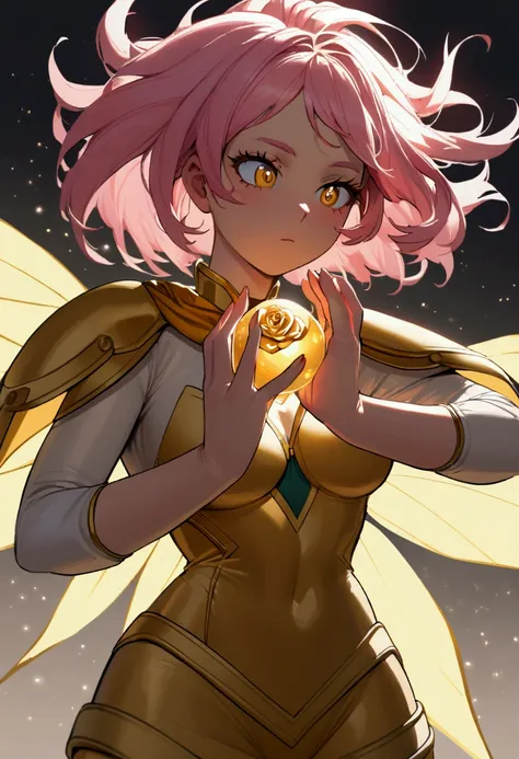 a girl with pink hair, light brown complexion and golden fairy wings with a heroine costume and in her hands a golden rose and around it spheres of light in the style of my hero academia