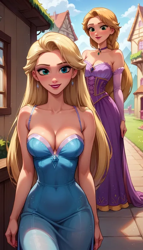 Score_9, score_8_up, score_7_up, rating explicit, source_comic, detailed soft lighting, 2girls, (Elsa from Frozen, blonde hair, braid, ice blue dress:1.0), (Rapunzel from Tangles, short brown hair, purple dress:1.1), large breasts, BREAK yuri, girlfriends,...