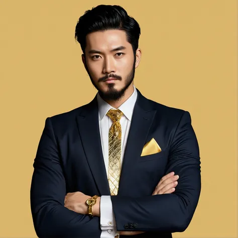 Illustrated style、ID photo、A single male with black hair and a beard、Wearing a gold necklace、Wearing a suit and with his arms crossed。The man is drawn in a manga-like style.、Has strength and charisma。
