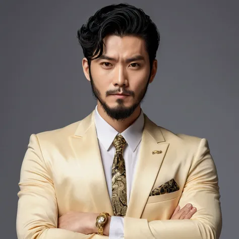 Illustrated style、ID photo、A single male with black hair and a beard、Wearing a gold necklace、Wearing a suit and with his arms crossed。The man is drawn in a manga-like style.、Has strength and charisma。
