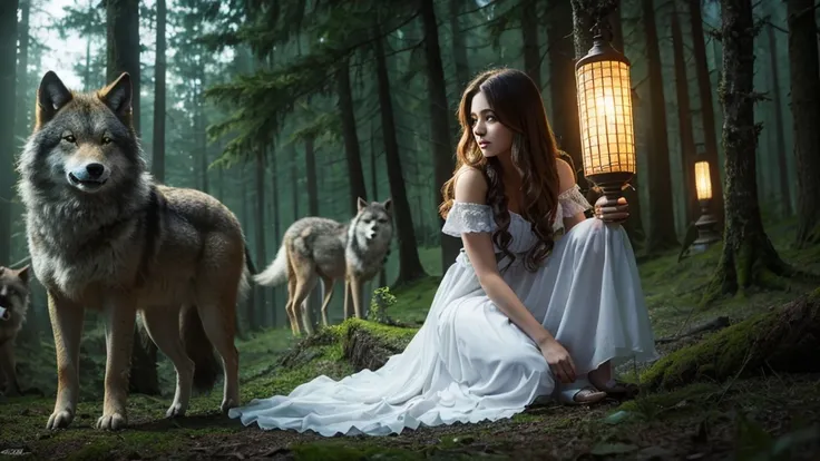 beautiful girl in forest in moon light with wolves