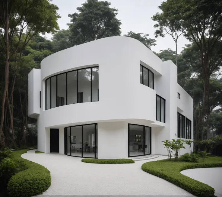 ,a modern one-story house with a minimalist design, (very small house: 1.2) ,((with a facade less than 4 meters wide:1.2)), whit...