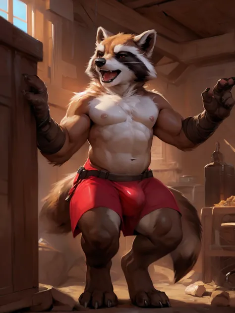 Male, solo, Rocket raccoon, hyper muscular, bulge, sweat, crisp vibrant detailed soft painterly digital art, volumetric lighting, natural lighting, realistic lighting, vibrant colors, crisp oil painting, painterly realism, depth of field, subtle soft detai...