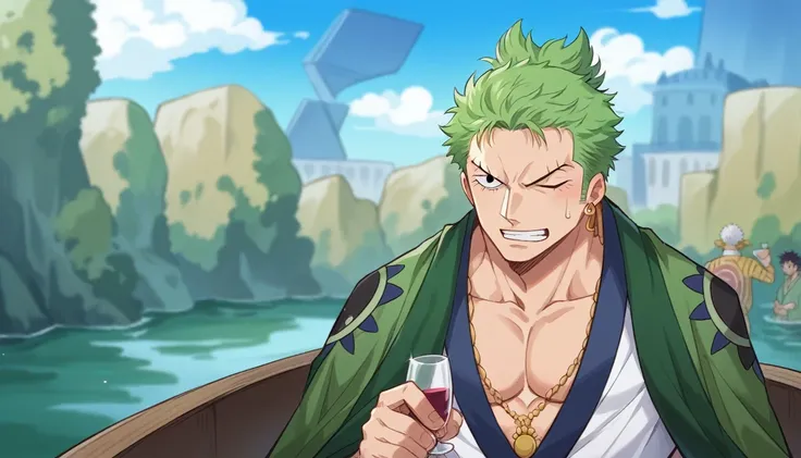 a close up of a person holding a glass of wine, roronoa zoro, from one piece, wearing only a green robe, todays featured anime still, best anime character design, dressed in a green robe, inspired by Eiichiro Oda, one piece, anime visual, eiichiro oda styl...