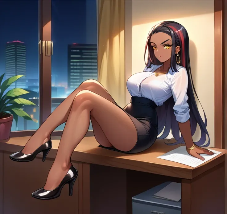 score_9, score_8_up,score_7_up, source_anime, 1girl, solo, EPpkNessa, gold eyes, black hair, red hair, streaked hair,, dark skin, dark-skinned female, necklace, ear piercing,bottonup shirt,high-waist skirt,pantyhoes,heels,office, at a dark room, at night ,...