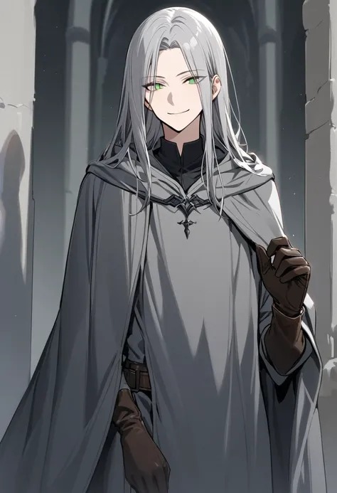 Solo-man, tall man, slender, shoulder length gray hair, green eyes, sly smile, gray robes, gray cloak, leather gloves