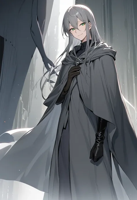 Solo-man, tall man, slender, shoulder length gray hair, green eyes, sly smile, gray robes, gray cloak, leather gloves