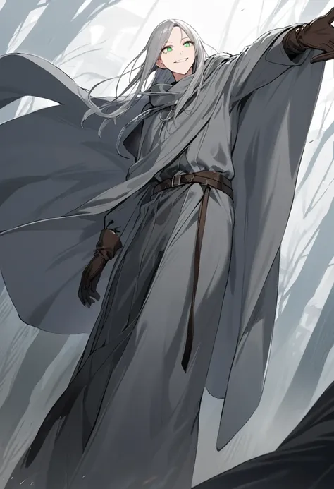 Solo-man, tall man, slender, shoulder length gray hair, green eyes, sly smile, gray robes, gray cloak, leather gloves