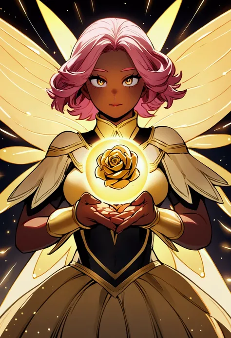 a girl with pink hair, dark complexion and golden fairy wings with a heroine costume and in her hands a golden rose and around it spheres of light in the style of my hero academia