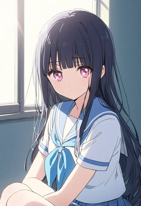 Dark blue hair、Long Hair、Straight Hair、Neat bangs、Pink Eyes、(/Yorozuka Mizore)、girl、1 person、Single person、独奏、Anime characters、Expressionless、Lethargic eyes、Leaning against the wall、Sunlight streaming through the window、A corner of the classroom、Upper body...