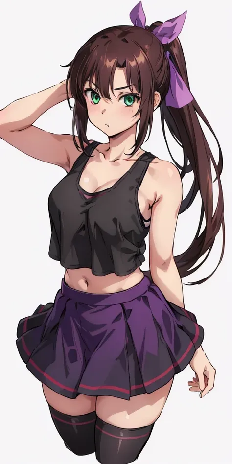 masterpiece, best quality,1girl,solo,kirasaka sayaka,brown hair,long hair,ponytail, hair ribbon, green eyes,,purple thighhighs, wariza, (cropped tank top, skirt). 