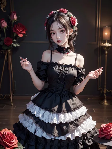 masterpiece, best quality,1girl,GothGal,frilly dress 8k,highres, (rose flower_styler:1.2)(rainbow-candy:1.2)Coffee Time,Chocolate cake