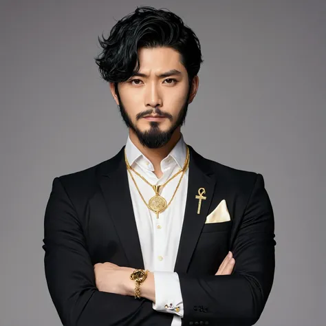 Anime Style、ID photo、A single male with black hair and a beard、Wearing a gold necklace、Wearing a suit and with his arms crossed。The man is drawn in a manga-like style.、Has strength and charisma。