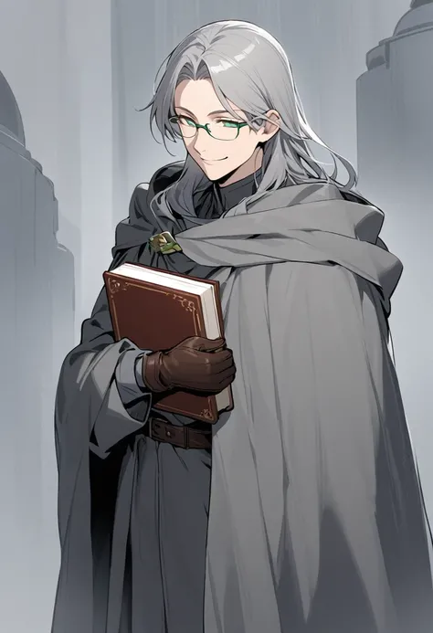 Solo-man, tall man, Middle-aged, slender, shoulder length gray hair, green eyes, glasses, sly smile, gray robes, gray cloak, leather gloves, book in hand