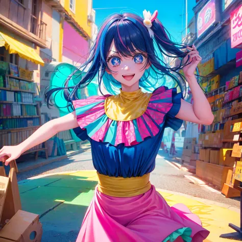 Create a vibrant and eye-catching anime-style thumbnail of a clumsy and naturally awkward girl. She should have bright, expressive eyes and a cheerful, slightly embarrassed smile. Her hair is styled in a playful, messy fashion with a fun, bright color like...