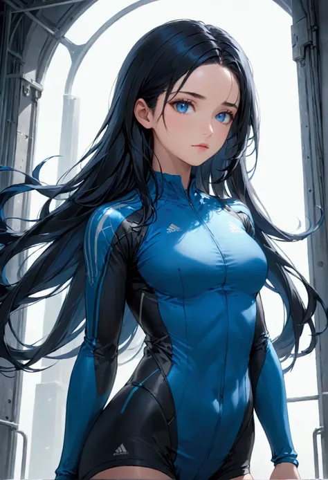 Girl with long black hair that are blue on inside. Blue eyes with an tall athletic body,aesthetic, high resolution, detailed, 8k