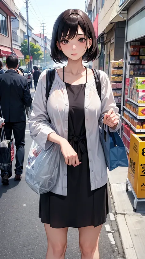 (A work depicting a scene from a manga for adults), housewife, Realistic sized eyes, Droopy eyes, shame, (She is carrying a large plastic bag full of groceries.), ((Spread your legs, banging one&#39;s groin against a stone pillar on the sidewalk to masturb...