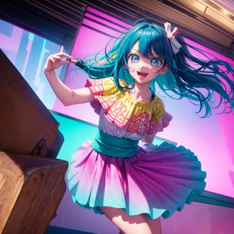 Create a vibrant and eye-catching anime-style thumbnail of a clumsy and naturally awkward girl. She should have bright, expressive eyes and a cheerful, slightly embarrassed smile. Her hair is styled in a playful, messy fashion with a fun, bright color like...