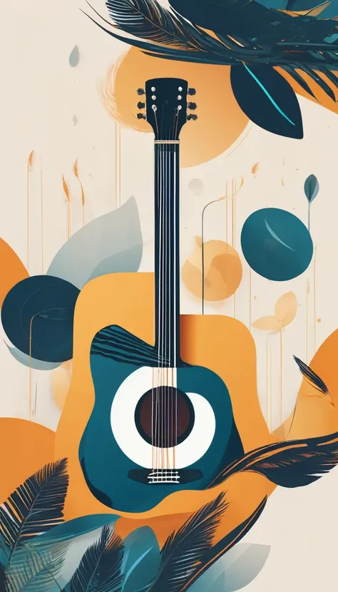 Create a cinematic, abstract icon for a film production company based on stories and music called " Penamemoria". The logo should the companionship between a , an acoustic guitar and a specia feather. Minimalist icon design