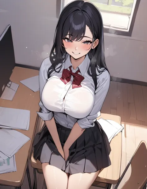 masterpiece, best quality, very aesthetic, absurdres, 1girl, school, student, shirt, skirt, big breasts, smile