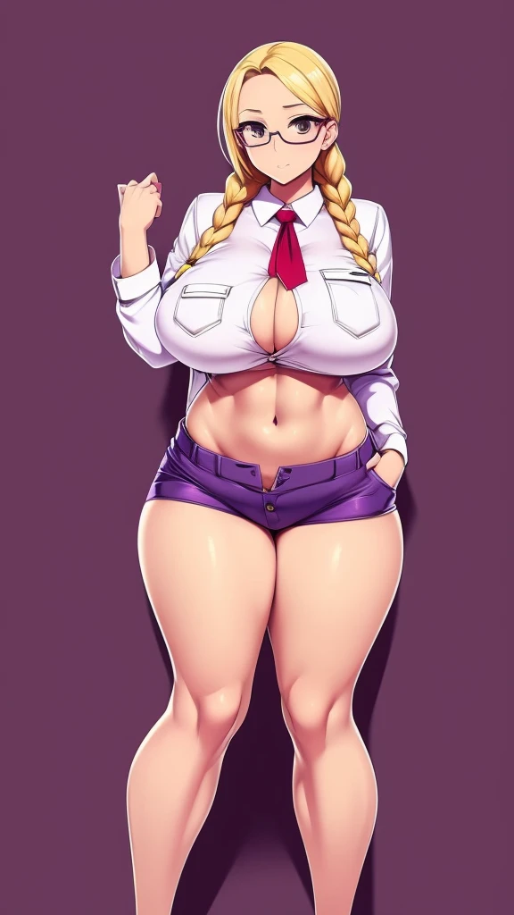 A beautiful sexy girl with a big breast, long round blonde hair, braids, her brown eye, big purple glasses, wearing a blouse, a light purple pocket with a button, tied knot, showing a navel and a blue shorts, a pocket with a black heel. 