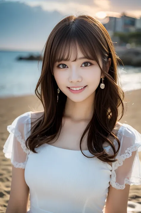 Staring at the camera, (((top quality, 8K, masterpiece))), sharp focus, (beautiful woman with perfect figure)), thin, (hairstyle: long brown hair)), ((white dress)), street: 1.2 very detailed face and skin texture detailed eyes double eyelids random pose, ...