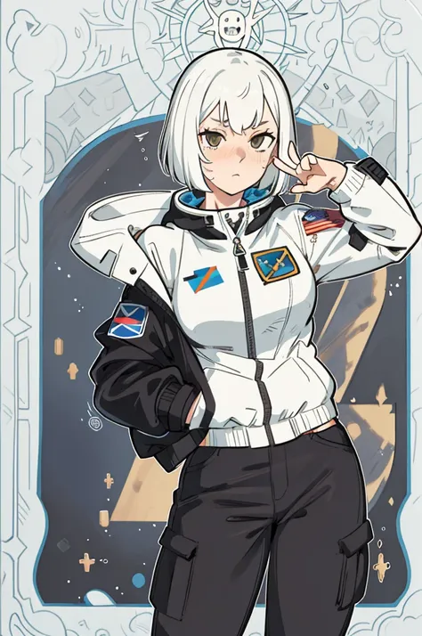 1girl, cargo pant, astronaut pants, jacket spacial, dalmata hair, talk pose, stronger, muscular, bob hair, masterpiece, best qua...