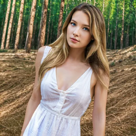 a beautiful blonde girl with long hair, slavic appearance, big blue eyes, standing in front of a mountain, forest in the background, wearing a white sundress, natural makeup, (best quality,4k,8k,highres,masterpiece:1.2),ultra-detailed,(realistic,photoreali...