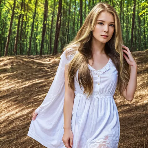 a beautiful blonde girl with long hair, slavic appearance, big blue eyes, standing in front of a mountain, forest in the background, wearing a white sundress, natural makeup, (best quality,4k,8k,highres,masterpiece:1.2),ultra-detailed,(realistic,photoreali...