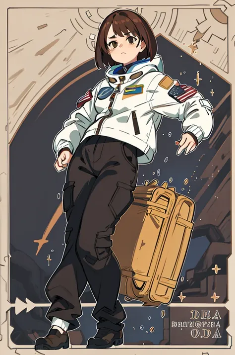 1girl, cargo pant, astronaut pants, jacket spacial, brown hair, talk pose, bob hair, masterpiece, best quality, highly detailed