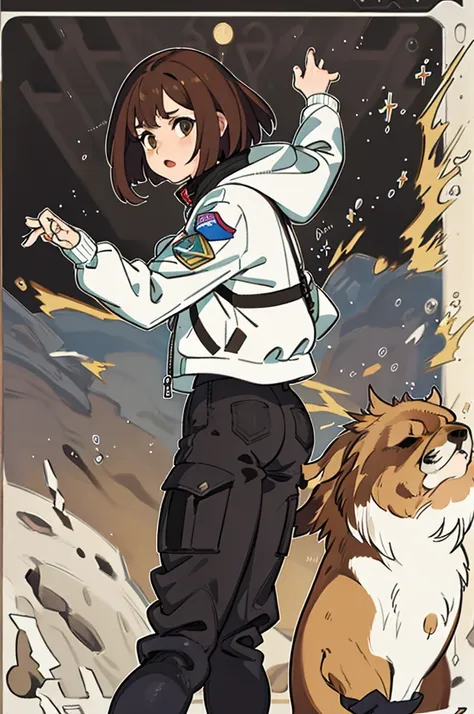 1girl, cargo pant, astronaut pants, jacket spacial, brown hair, talk pose, bob hair, masterpiece, best quality, highly detailed