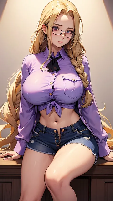 A beautiful sexy girl with a big breast, long round blonde hair, braids, her brown eye, big purple glasses, wearing a blouse, a light purple pocket with a button, tied knot, showing a navel and a blue shorts, a pocket with a black heel. 