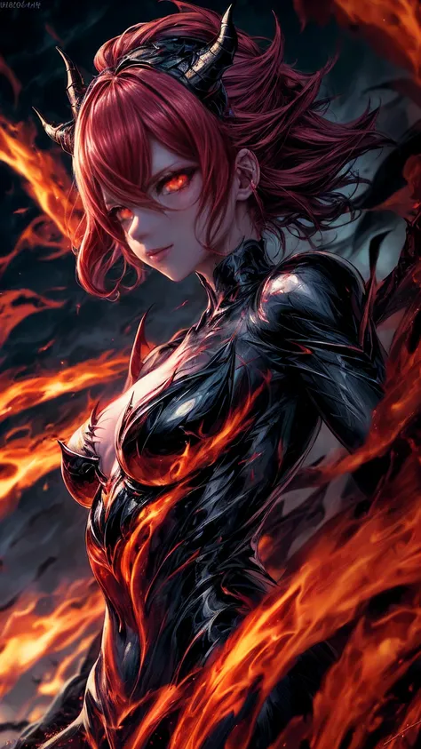 Storyboard, masterpiece, highest quality, dragonlady queen, perfect demoness, bright red glowing eyes, detailed eyes (1.4), scars on face, villainous expression, flaming skin body with bioluminescent glowing pattern, ready for battle, blurred stormy backgr...