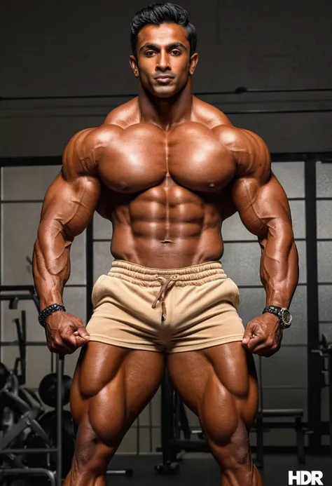 Indian Latino tan skin bodybuilder, perfect( big huge penis) is (coming out) of his pant,masterpieces, realistic, hd,HDR, photorealistic, shoot by camera, full body