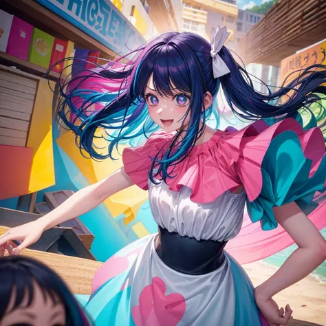 Create a vibrant and eye-catching anime-style thumbnail of a clumsy and naturally awkward girl. She should have bright, expressive eyes and a cheerful, slightly embarrassed smile. Her hair is styled in a playful, messy fashion with a fun, bright color like...