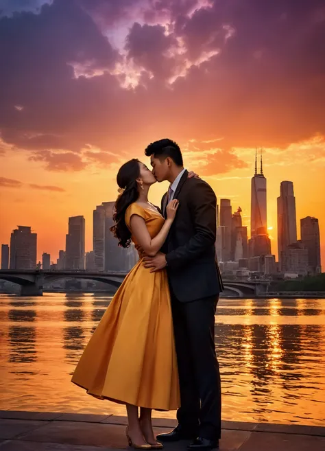 Kissing Scene、hip hop fashion style、Food、Man and woman kissing, Sunset in the city,Romantic atmosphere,A magical moment,Dramatic lighting,Cityscape,Passionate Embrace,floating love,urban romance,Vibrant colors,building silhouette,Romantic atmosphere,City s...