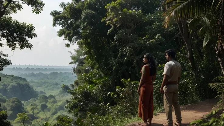 Arjun and Meera standing at the edge of the jungle, looking out.