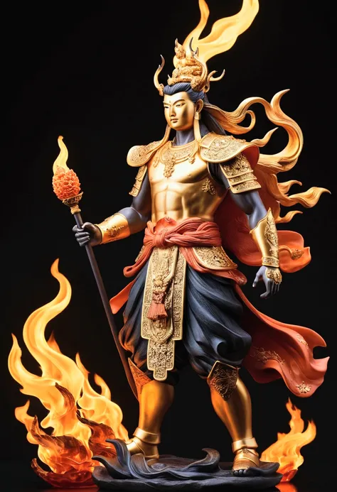 Nio statues，shortage々A strong and powerful man，Bright burning flames in the background，Sharp contrast of light and shadow，Careful craftsmanship，High-definition, detailed depiction，A masterpiece of art．