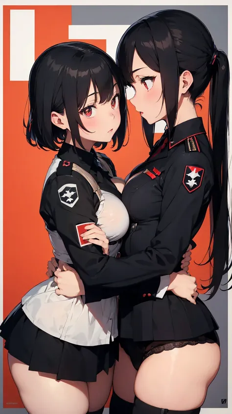  Propaganda poster. Gestapo uniform, female  lesbian kawaii sisters kissing passionately wearing Luftwaffe uniforms. 8k. masterpiece. best quality. best artwork. lingerie. swastika insignia. busty bare breasts. bdsm 