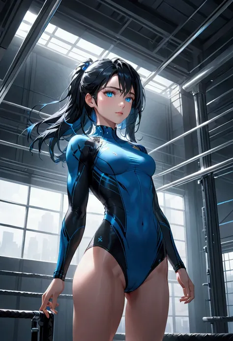 Girl with black hair that are blue on inside. Blue eyes with an tall athletic body,aesthetic, high resolution, detailed, 8k