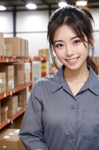 A Japanese woman with a ponytail wearing gray work clothes。Age: 25 years old, healthy smile、I work in a logistics warehouse。Her eyes are large and double-lidded, and droopy.。Narrow jaw line。Smiling with wide open mouth。