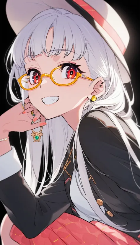 One girl, alone, Long Hair, View your viewers, smile, bangs, 水色のJacket, Red pastel skirt、Red eyes,White hair in the eye、Beautiful eyes that shine、Long sleeve, Boater hat、jewelry, Sitting, Jacket, Upper Body, Silver Hair、 earrings, Glasses, teeth, Grin, ope...