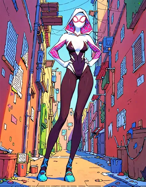 masterpiece , best quality , masterpiece , best quality , spider gwen , 1 woman, mask , leotard , abdomen , big breasts , long l...