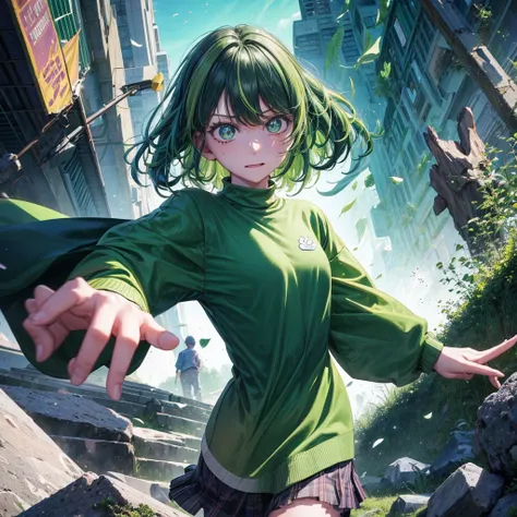 A clumsy, scatterbrained green-haired girl wearing green clothes