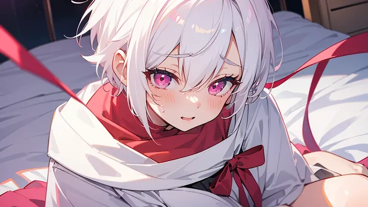 White Hair Girl、Pink Eyes、Short Hair、Only one girl、Night、In the bedroom、Blushing、laughing、Excited、Just One、Sitting on the bed、Sweating、Red ribbon on the right side of the head