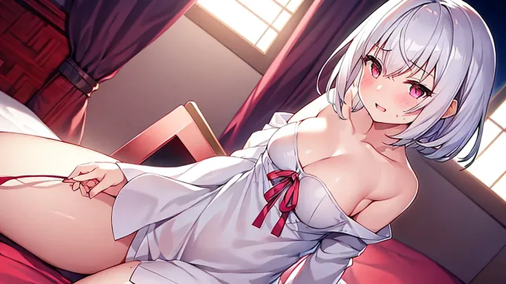 nsfw、White Hair Girl、Pink Eyes、Short Hair、Only one girl、Night、In the bedroom、Blushing、laughing、Excited、Just One、Sitting on the bed、Sweating、Red ribbon on the right side of the head