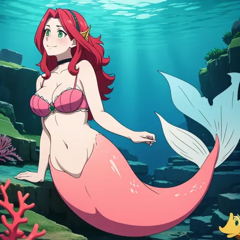 Underwater sea, coral, Mermaid, cleavage, mermaid tail below waistline, bra green, long hair, red hair, green eyes, smile, blush, ultra resolution , perfect, very detailed, work of art, 4k hd, 