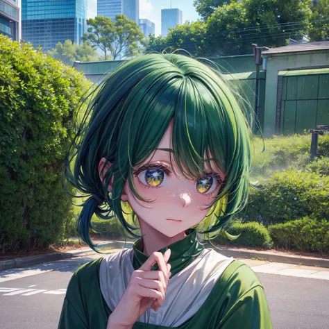 A clumsy, scatterbrained green-haired girl wearing green clothes。Cute and shy。