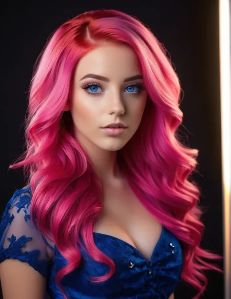 Very attractive 25 year old female with long wavy bright pink hair,beautiful english woman with really cute eyes and a youthful warm facial expression ((detailed blue eyes)) ((detailed heart shaped face)) she has bright pink hair and nice glowing skin((det...